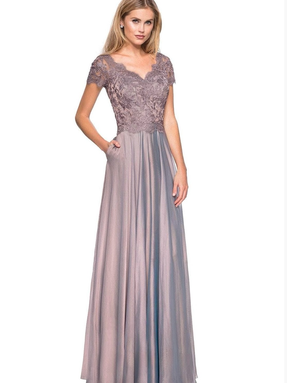 La Femme Lace Bodice Maxi Gown in Mauve